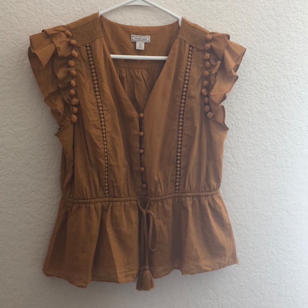 JCrew Point Sur Flutter sleeve Pom Pom top